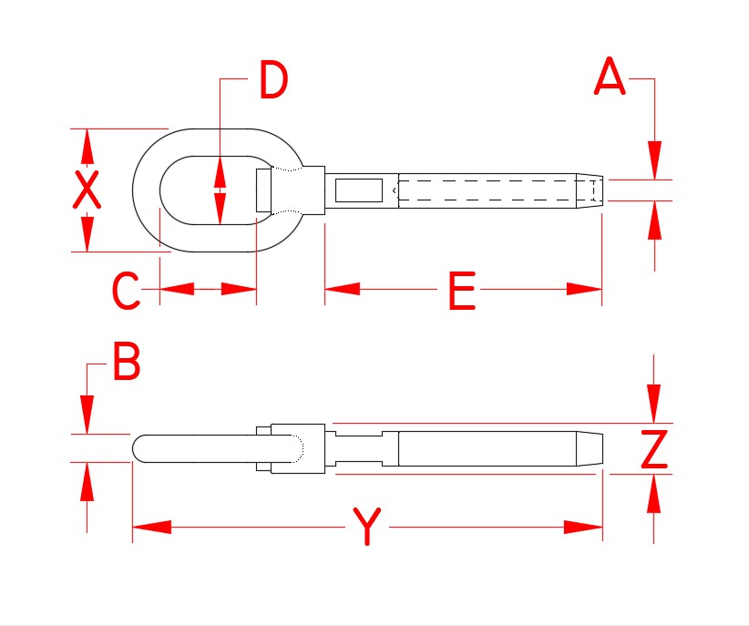 Stainless Steel Swivel Gate Eye, swage terminal, S0718-0003, S0718-0004, S0718-0005, Line Drawing